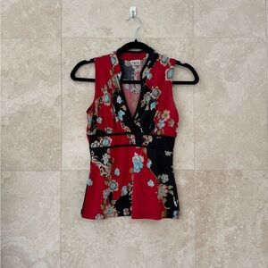 Agaci Too Vintage Y2K Floral Halter Top Red Black Sleeveless Fitted Blouse